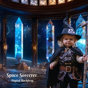 Puede incluir: Un niño pequeño vestido como un mago espacial, con un sombrero negro puntiagudo y una túnica marrón oscura con cinturón, sostiene un bastón de madera. El niño está de pie en una habitación con grandes pilares de cristal azul y un fondo de cielo estrellado. El texto "Space Sorcerer - Digital Backdrop" está en la parte inferior de la imagen.