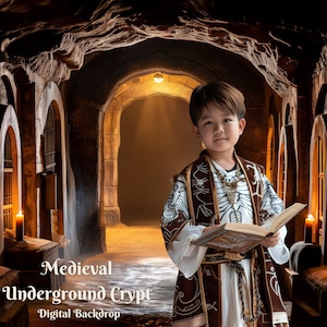 May include: A young person dressed in a brown and white robe holds an open book in a dark, stone underground crypt setting. The crypt is lit by candles and has arched doorways with iron bars.