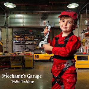 Digital bakgrund för bilteknikerfotografi, mekanikers garage, Photoshop-överlägg för pappas garage