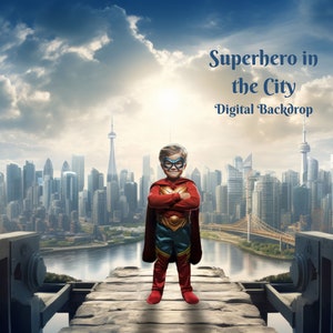 以下が含まれることがあります： 若いスーパーヒーローが、都市の景色を見下ろすプラットフォームに立っています。スーパーヒーローは、赤い、青い、そして金の衣装を着て、マントを付けています。背景には、高い建物と川のある都市があります。