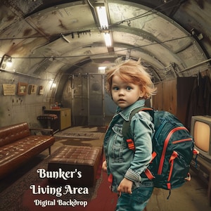 May include: A digital backdrop depicting a bunker's living area. The scene features a child with a backpack standing in a dimly lit, metallic-walled room. Furnishings include a brown leather sofa, a coffee table, and a vintage television.