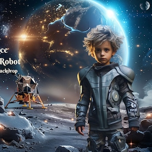 May include: A young person wearing a futuristic, grey and silver space suit stands on a grey, rocky surface. A lunar module is in the background, and a blue and green Earth is visible in the distance. The text "Space Lunar Robot - Digital Backdrop" is in the top left corner of the image.
