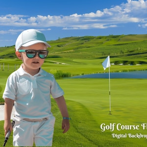 May include: A young child wearing a white hat, sunglasses, and a white polo shirt, holding a golf club on a golf course with a green field, a sand trap, a pond, and a flag in the background.  Golf Course Field - Digital Backdrop