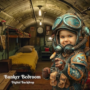 May include: A young child wearing a blue and brown futuristic helmet and suit stands in a room with a bunk bed and a yellow blanket. The room is decorated with a rustic, industrial aesthetic. The text "Bunker Bedroom Digital Backdrop" is visible at the bottom of the image.