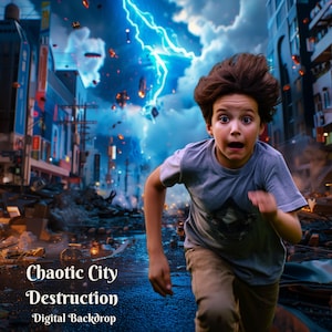 Può includere: Un bambino piccolo corre attraverso una scena di città caotica con un fulmine sullo sfondo. Gli edifici crollano e detriti sono sparsi ovunque. Il testo "Chaotic City Destruction" è nella parte inferiore dell'immagine.
