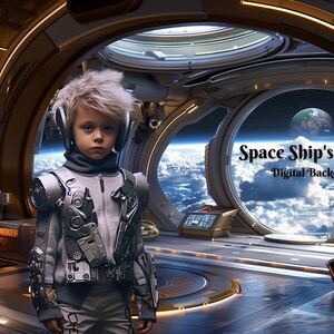 May include: A young person wearing a futuristic, silver and black costume stands in a spaceship lobby. The lobby has large windows with views of Earth and space. The text "Space Ship's Lobby - Digital Backdrop" is visible in the image.