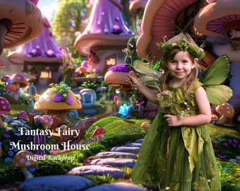 May include: A young girl dressed as a fairy stands in front of a whimsical mushroom house backdrop. She is wearing a green dress with a flower crown and fairy wings. The backdrop features colorful mushrooms, flowers, and a stone path.
