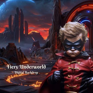 Könnte beinhalten: Ein junges Kind, das als Superheld verkleidet ist, steht vor einem Hintergrund einer feurigen Unterwelt. Der Hintergrund zeigt ein leuchtendes Portal und einen fernen Planeten. Der Superheld trägt ein rot-schwarzes Kostüm mit einer schwarzen Maske.