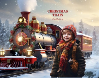 Christmas Train Digital Backdrop Boarding a Christmas Holiday Train Digital Backgrounds for Christmas Composite Images Photoshop Overlay