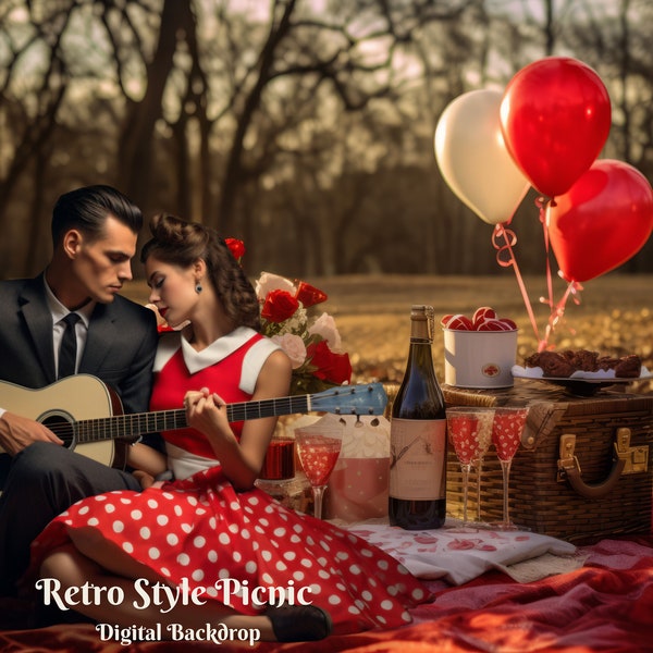 Retro Style Picnic Digital Backdrop for Valentine's Day Composite Images Romantic Heart's Day Digital Background for Outdoor Picnic Lovers