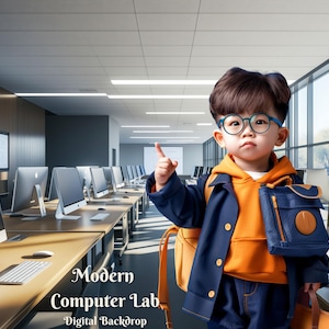 Puede incluir: Una persona joven con una chaqueta azul, una sudadera naranja y pantalones vaqueros azules se encuentra frente a un laboratorio de informática moderno. El laboratorio tiene filas de escritorios con ordenadores. La persona lleva gafas y tiene una bolsa azul colgada del hombro.