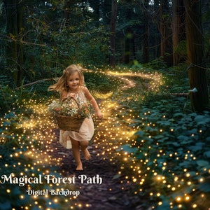 May include: A young girl walks down a magical forest path, illuminated by twinkling lights. The path is lined with lush greenery and the girl carries a basket of flowers. The text "Magical Forest Path - Digital Backdrop" is at the bottom of the image.