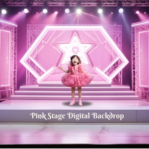 May include: A pink stage digital backdrop featuring a star-shaped design and a young person in a pink dress. The stage is illuminated with pink lights, creating a vibrant and theatrical setting.