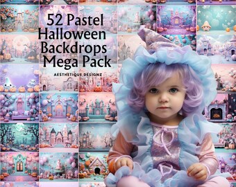 52 urocze pastelowe tło cyfrowe na Halloween dla dzieci Tło do zdjęć na Halloween do obrazów kompozytowych i nakładek Photoshop, na psikusa lub psikusa
