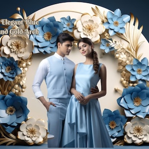 Blue Floral Arch Backdrop Blue and Gold Digital Backdrop Blue Flower Arch Pre-Wedding Photography Background  Baby Blue Elegant Floral Arch