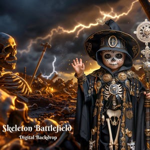 May include: A child dressed as a skeleton wizard stands in a dark, stormy setting. The child wears a black robe with gold accents and a skull-shaped face mask. The background features a skeletal battlefield with lightning strikes.