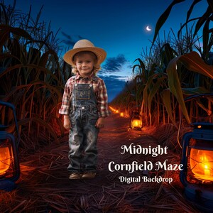 May include: Digital backdrop depicting a nighttime cornfield maze.  A child stands in the center of a path lined with glowing lanterns. The path leads into the cornfield. The text 'Midnight Cornfield Maze' and 'Digital Backdrop' is visible. The overall color scheme is dark blues, oranges, and browns.