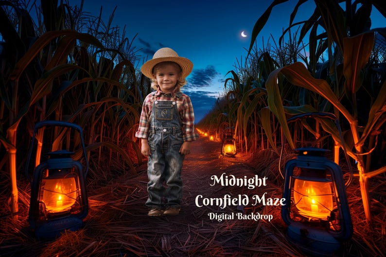 May include: Digital backdrop depicting a nighttime cornfield maze.  A child stands in the center of a path lined with glowing lanterns. The path leads into the cornfield. The text 'Midnight Cornfield Maze' and 'Digital Backdrop' is visible. The overall color scheme is dark blues, oranges, and browns.