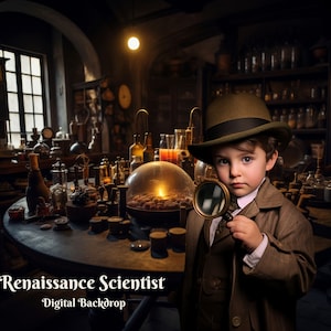 May include: A young boy dressed as a Renaissance scientist, wearing a brown coat, a brown hat, and holding a magnifying glass. He is standing in a dimly lit room with a table full of glass bottles and jars. The text "Renaissance Scientist - Digital Backdrop" is visible at the bottom of the image.