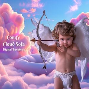May include: A baby angel with white wings and a bow and arrow, sitting on a fluffy pink and purple cloud. The background is a dreamy sky with pink and purple clouds. The text "Comfy Cloud Sofa Digital Backdrop" is visible in the image.