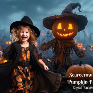 May include: A young girl dressed as a witch smiles in a pumpkin patch with a scarecrow made of a jack-o-lantern. The background is a foggy, dark blue sky with glowing pumpkins.