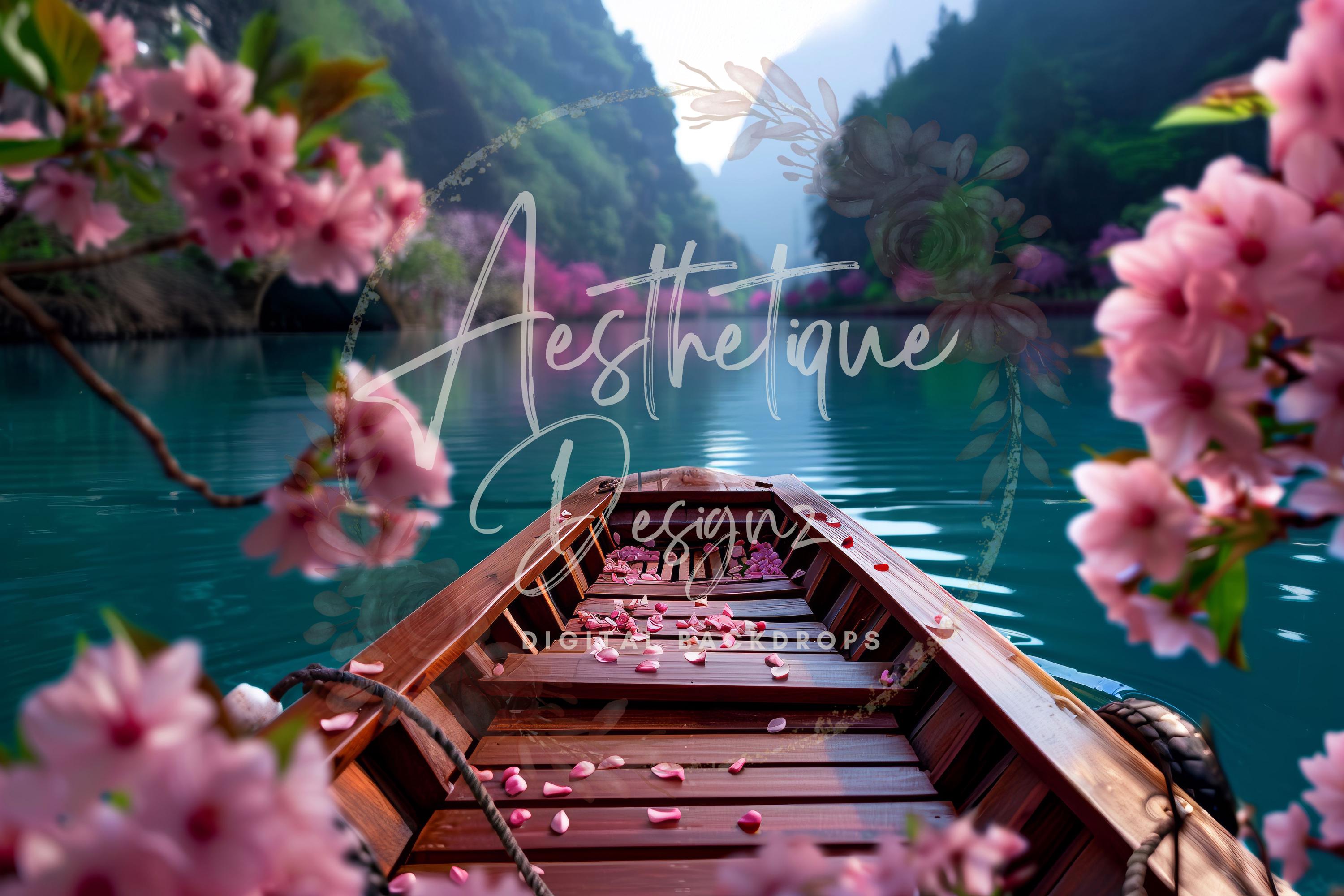 Simple Rides With Colour Backdrop Serene Cherry Blossom Boat Ride Digital Backdrop for Spring by the ...