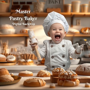 Puede incluir: Un joven panadero con un gorro de chef blanco y un uniforme blanco sonríe mientras sostiene un rodillo de madera cubierto de harina. El panadero está de pie frente a una vitrina de panadería llena de pasteles y panes. El texto "Master Pastry Baker Digital Backdrop" se muestra sobre el panadero.