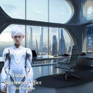 May include: A futuristic office interior with a large window overlooking a city skyline. A young person wearing a white, futuristic suit stands in the foreground. The text "Futuristic Skyscraper Office" is visible in the lower center of the image.