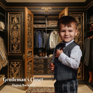 May include: A young boy stands in a luxurious walk-in closet with dark wood cabinets and gold accents. The closet is filled with shoes, clothing, and accessories. The text "Gentleman's Closet - Digital Backdrop" is visible at the bottom of the image.