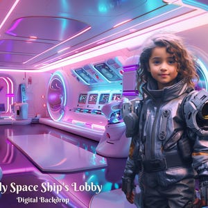 May include: A young person wearing a futuristic silver and black jumpsuit stands in a futuristic spaceship lobby with pink and blue neon lights. The text "Girly Space Ship's Lobby" is at the bottom of the image.
