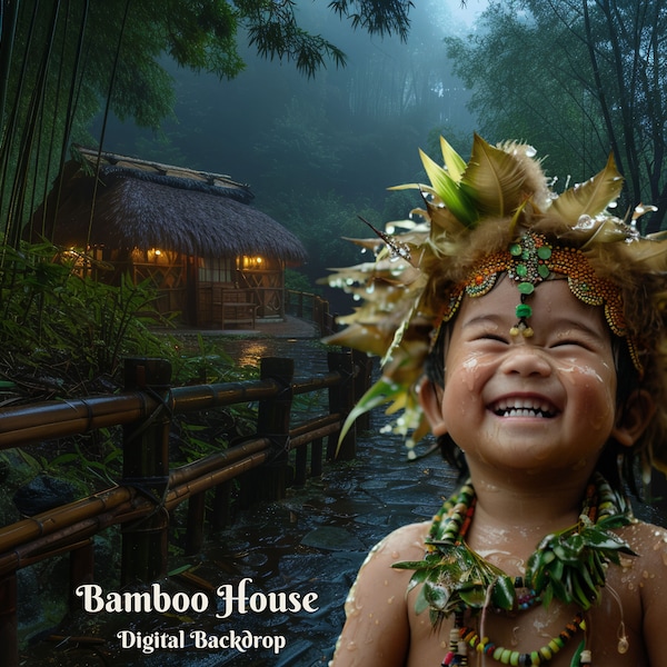 Rainy Bamboo House Digital Backdrop for Asian Forest Tribes Composite Images Bamboo Village Digital Background for Forest Rain Lovers