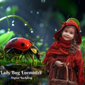 May include: A young girl wearing a red hooded cloak stands in a lush green forest setting. A large red ladybug with black spots is crawling on a green leaf in the foreground. The image is titled "Lady Bug Encounter - Digital Backdrop".