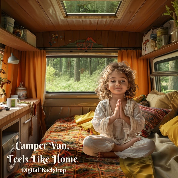 Camper Van, Feels Like Home Digital Backdrop Nature Lover Photography Background for RV Van Camping Composite Images for Vehicle Glamping