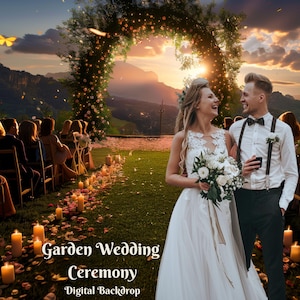 May include: A wedding ceremony backdrop featuring a couple standing under a floral archway with a sunset in the background. The couple is surrounded by guests seated in rows of chairs. The aisle is decorated with candles and flower petals. The text "Garden Wedding Ceremony Digital Backdrop" is displayed at the bottom of the image.