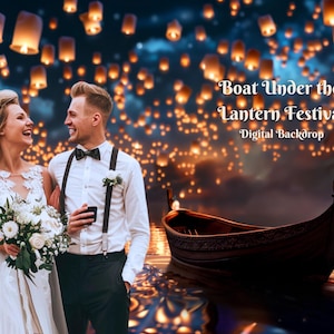 Boat Under the Lantern Festival Digital Backdrop for Floating Lanterns Creative Images Boat in River Composite Overlay for Romantic Backdrop