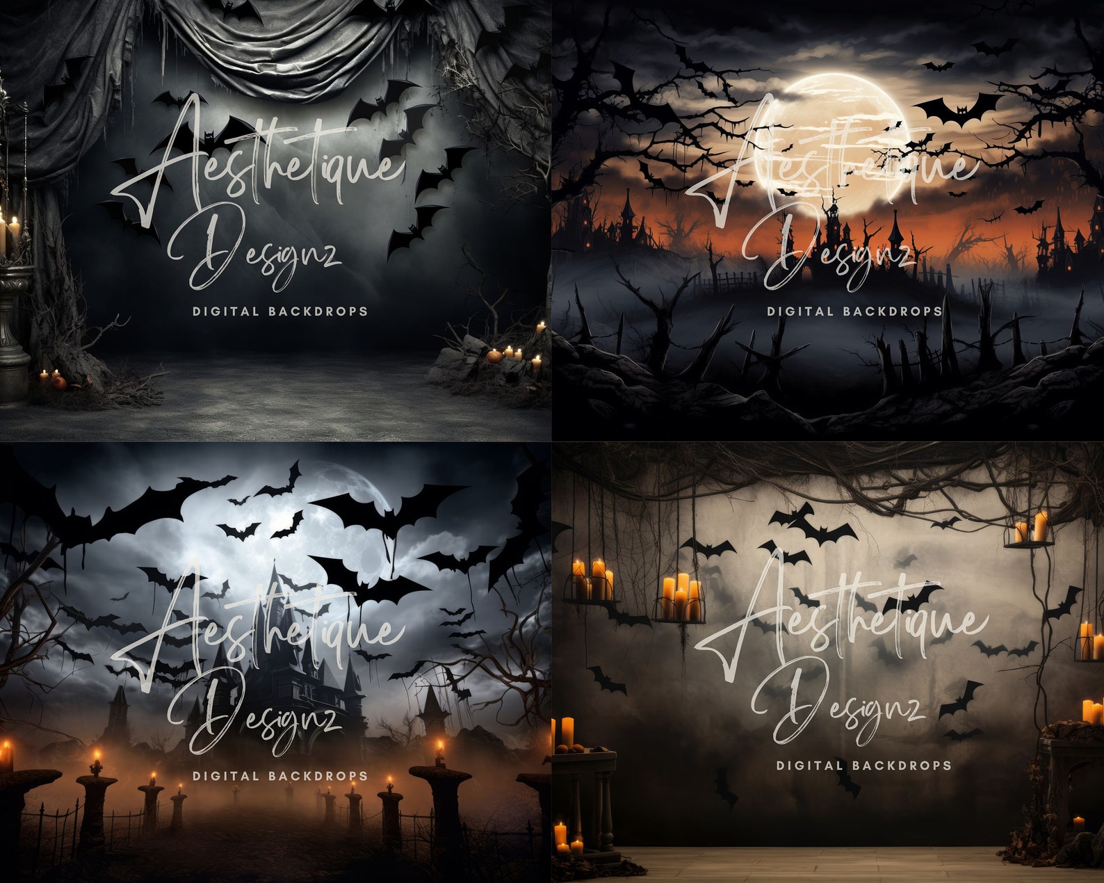 16 Bats Halloween Theme Digital Backdrop Creepy Backgrounds for ...