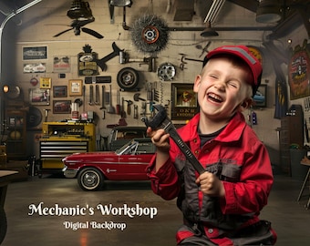 Mechanic's Workshop Digital Backdrop Car Technician  Photography Background for Future Mechanic Kid Photoshop Overlay for Father's Garage