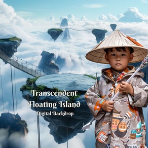 May include: A young person wearing a traditional Asian-style hat and clothing stands in front of a digital backdrop of a floating island with a bridge connecting to another island. The text "Transcendent Floating Island Digital Backdrop" is visible in the image.