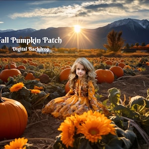 May include: A young girl sits in a field of pumpkins with mountains in the background. The field is full of orange pumpkins and yellow flowers. The sky is blue with a bright sun shining through the clouds. The text "Fall Pumpkin Patch Digital Backdrop" is at the top of the image.