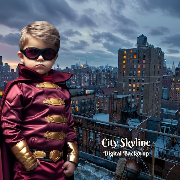 City Skyline Digital Backdrop Superhero Looking Over the City Digital Photography Backgrounds for Roof Deck Loafers Composite Images