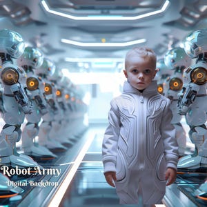 May include: A young boy in a white jumpsuit stands in a futuristic hallway lined with white robots. The robots have clear domes for heads and orange glowing lights in their chests. The text "Robot Army Digital Backdrop" is visible at the bottom of the image.