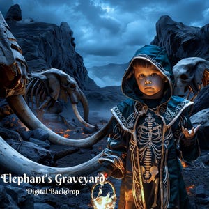 Puede incluir: Una persona joven con una túnica azul con capucha y un diseño esquelético se encuentra en un paisaje oscuro y fantástico. El fondo presenta grandes huesos de elefante esqueléticos y un entorno rocoso y cavernoso. El texto "Elephant's Graveyard - Digital Backdrop" es visible en la parte inferior de la imagen.