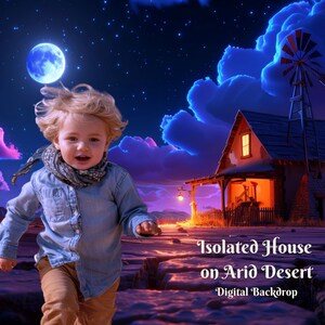 May include: A young boy in a blue shirt and brown pants runs towards a small house with a windmill on a desert landscape. The sky is dark blue with pink and purple clouds and a large blue moon. The text "Isolated House on Arid Desert - Digital Backdrop" is at the bottom of the image.