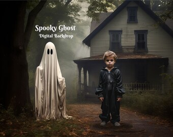 Fantôme effrayant, toile de fond numérique, image composite effrayante d'Halloween, arrière-plan numérique, fantôme à l'extérieur d'une maison hantée, image composite