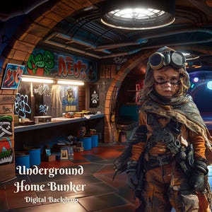 May include: A young person wearing goggles and a brown hooded jacket stands in a dimly lit, graffiti-covered underground space. The space has a concrete floor and brick walls with a mirror and shelves. The text "Underground Home Bunker" and "Digital Backdrop" is visible in the image.