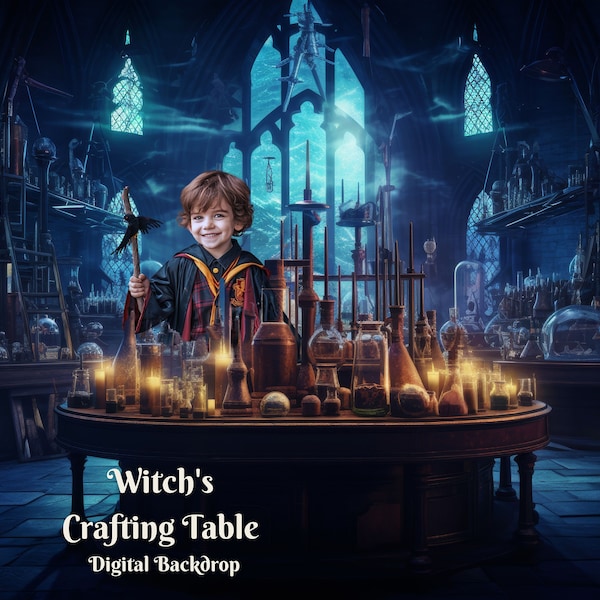 Witch's Crafting Table Digital Backdrop Wizard's Potion Making Background Fantasy Wizard's Room Creative Composite Images for Kids Backdrops