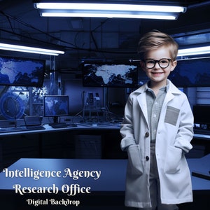 May include: A young boy wearing a white lab coat and glasses stands in front of a dark blue and gray office setting. The office has multiple computer monitors displaying maps and data. The text "Intelligence Agency Research Office" is displayed on a table in front of the boy. The text "Digital Backdrop" is displayed below the office name.