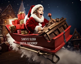 May include: A young child dressed as Santa Claus is riding in a red sleigh filled with wrapped gifts. The sleigh is flying through the air with a trail of white smoke behind it. The background is a snowy night scene with a full moon and stars.