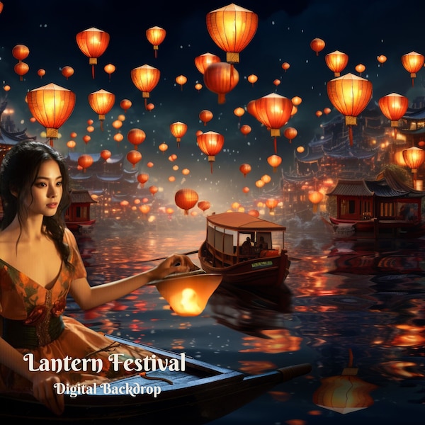 Lantern Festival Digital Backdrop for Chinese Holiday Photo Background for Floating Lanterns Creative Images Boat in River Composite Overlay