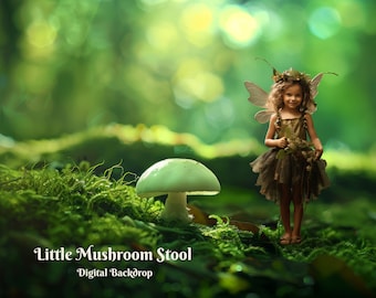 May include: A young fairy wearing a brown dress with a green leaf crown and wings stands in a mossy forest with a white mushroom stool. The text "Little Mushroom Stool - Digital Backdrop" is at the bottom of the image.